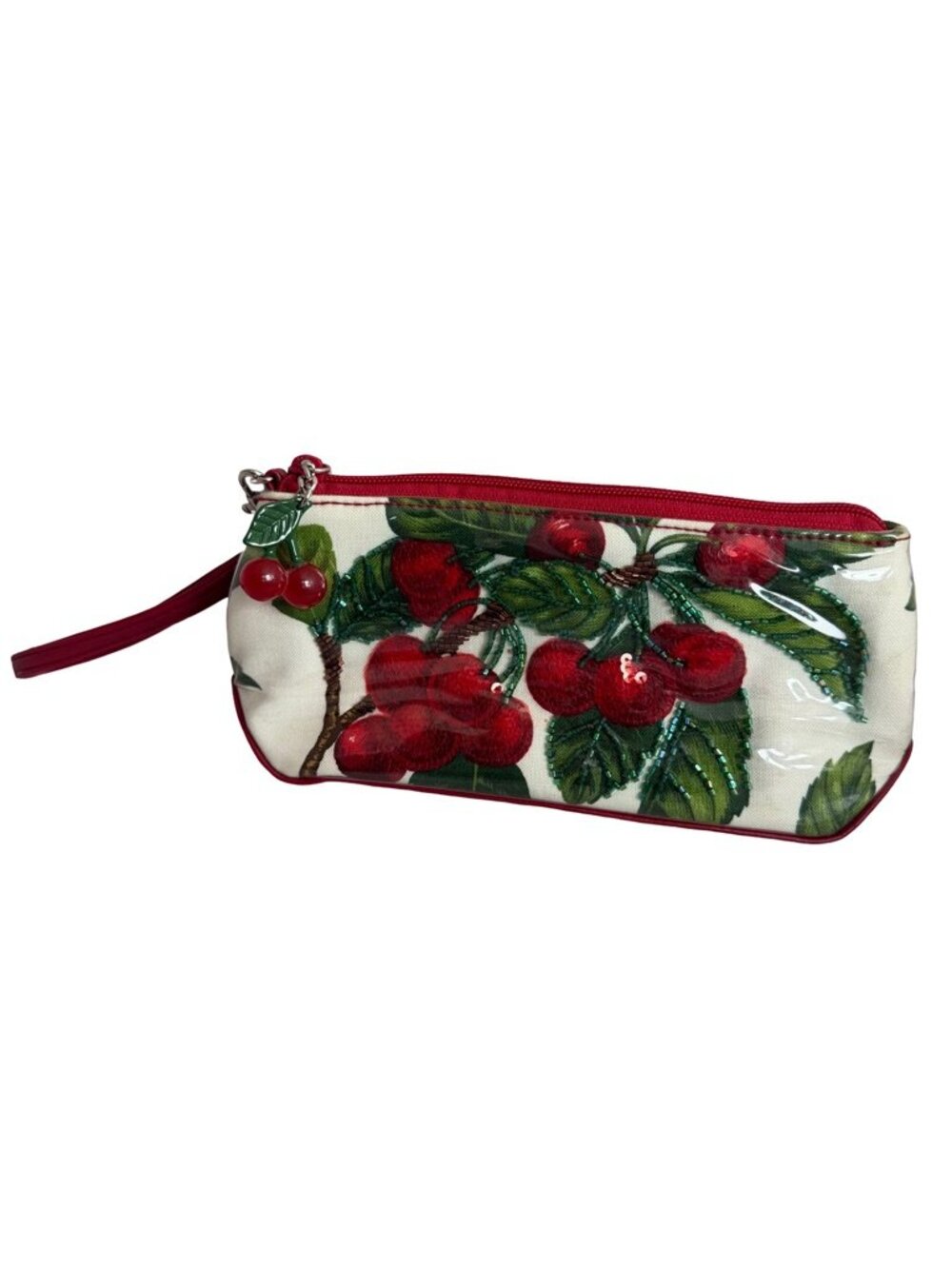 Isabella Fiore Cream Red Cherry Print Canvas Wristlet Pouch Zip One Size Women's